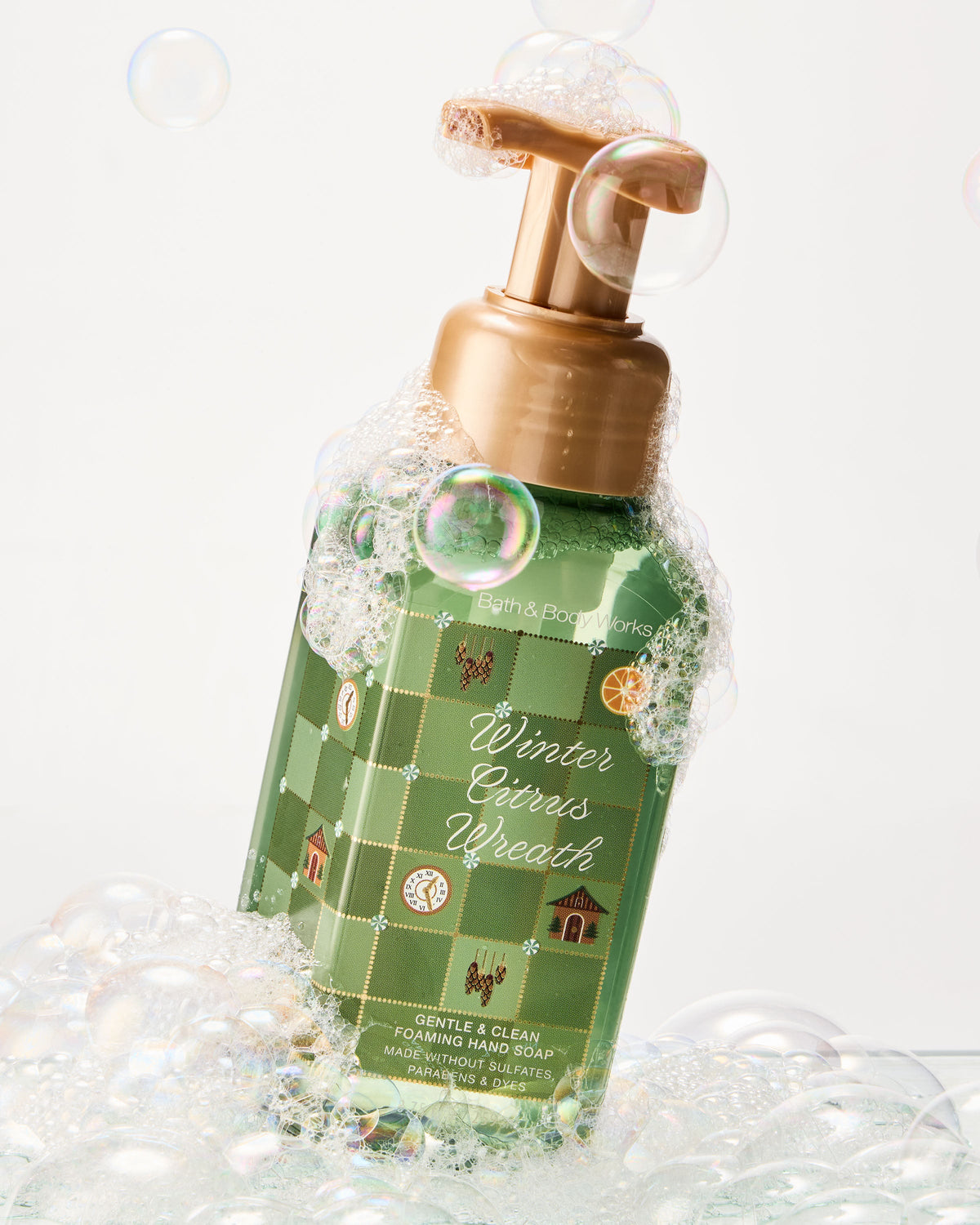Winter Citrus Wreath Gentle & Clean Foaming Hand Soap, pump and packaging detail